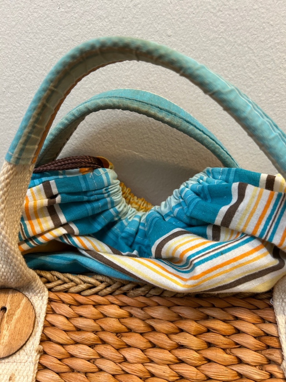 Billabong Woven Straw Tote with Yellow & Teal Striped Lining - Picture 7 of 14